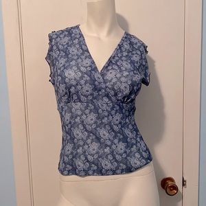 Blue / White Floral Cap Sleeve Wrap Style Top
